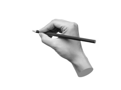 A female hand holds a pencil isolated on a white background. Mockup with empty copy space for text and design. 3d trendy collage in magazine style. Modern contemporary art